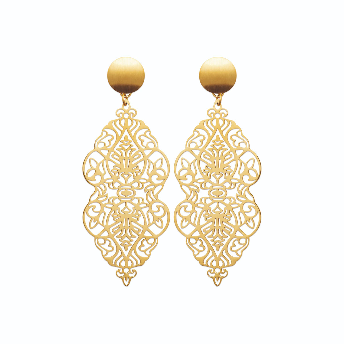 Boucles d’oreilles pendantes losange de dentelle ajourée en acier PVD doré
