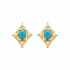 Boucles d’oreilles pendantes losange granité et cabochon turquoise en plaqué or