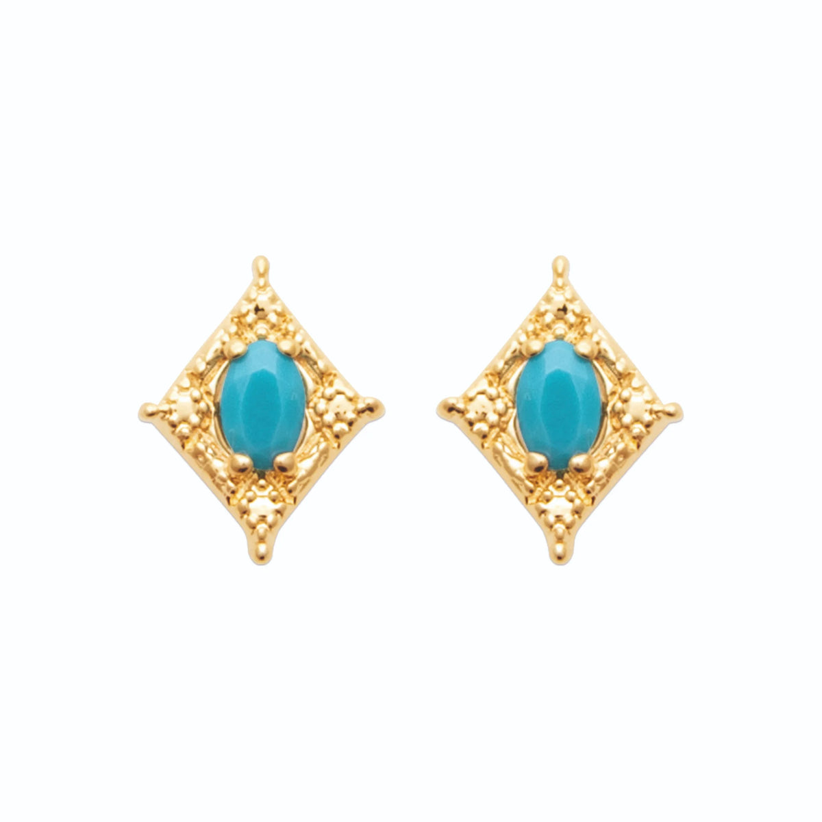 Boucles d’oreilles pendantes losange granité et cabochon turquoise en plaqué or