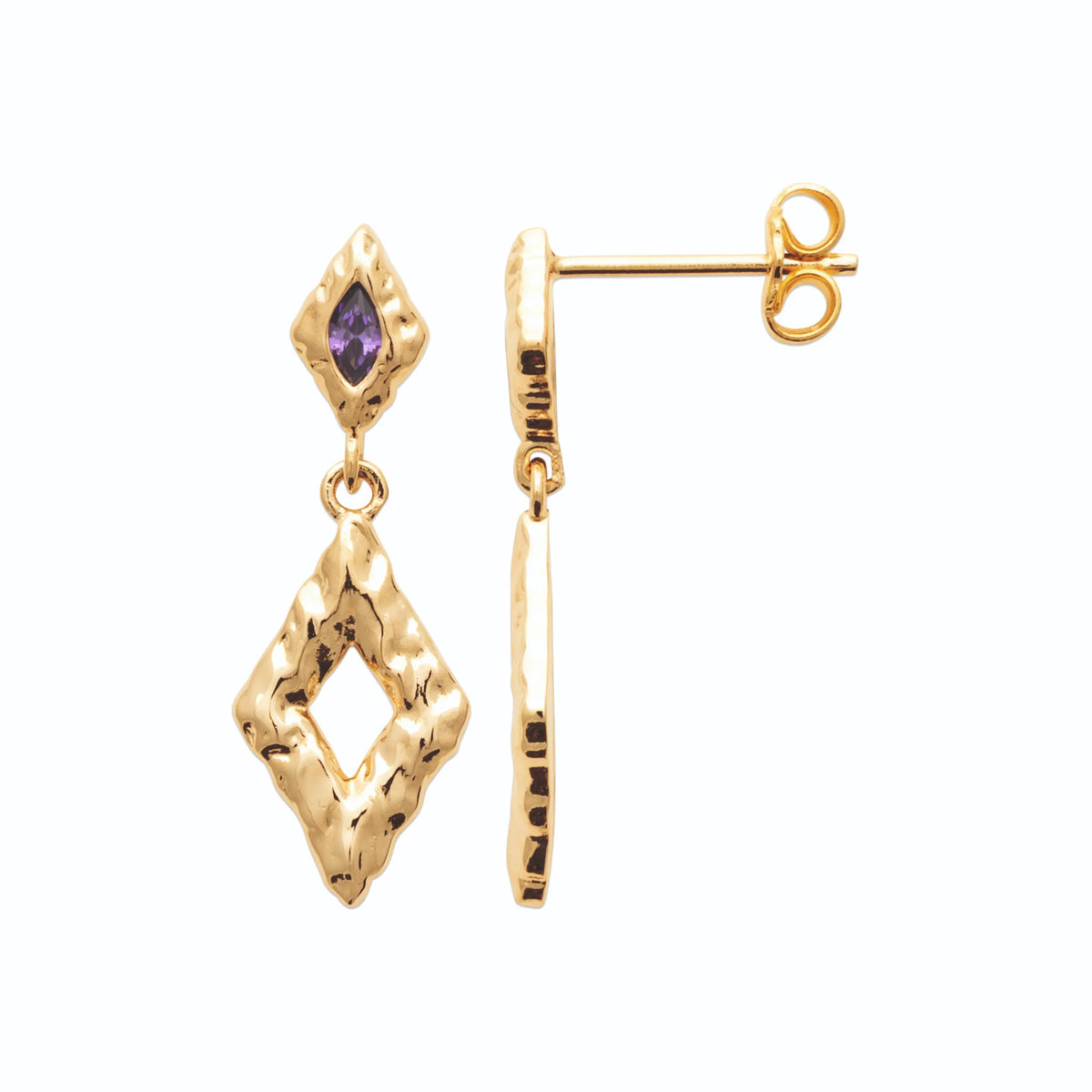 Boucles d’oreilles pendantes losanges ciselés et pierre violette en plaqué or