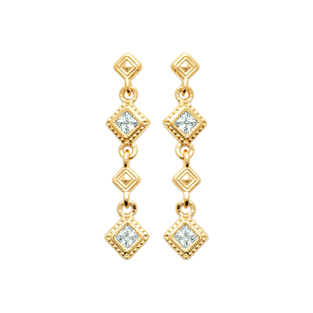 Boucles d’oreilles pendantes losanges perlés et zircons en plaqué or