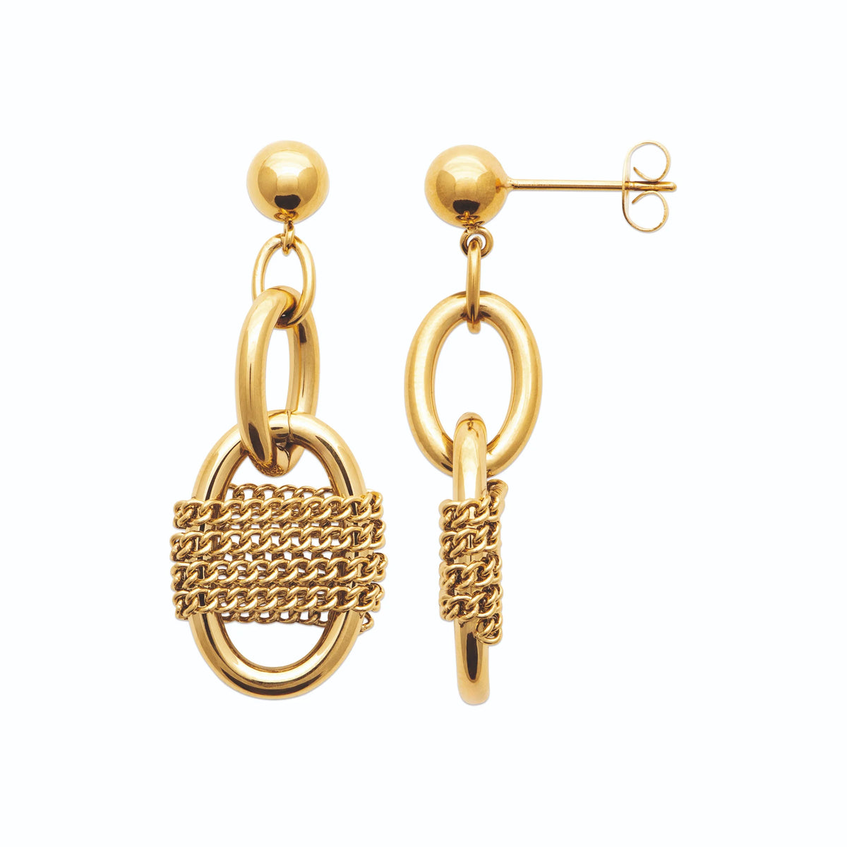 Boucles d’oreilles pendantes maillons et anneau tressé en acier PVD doré