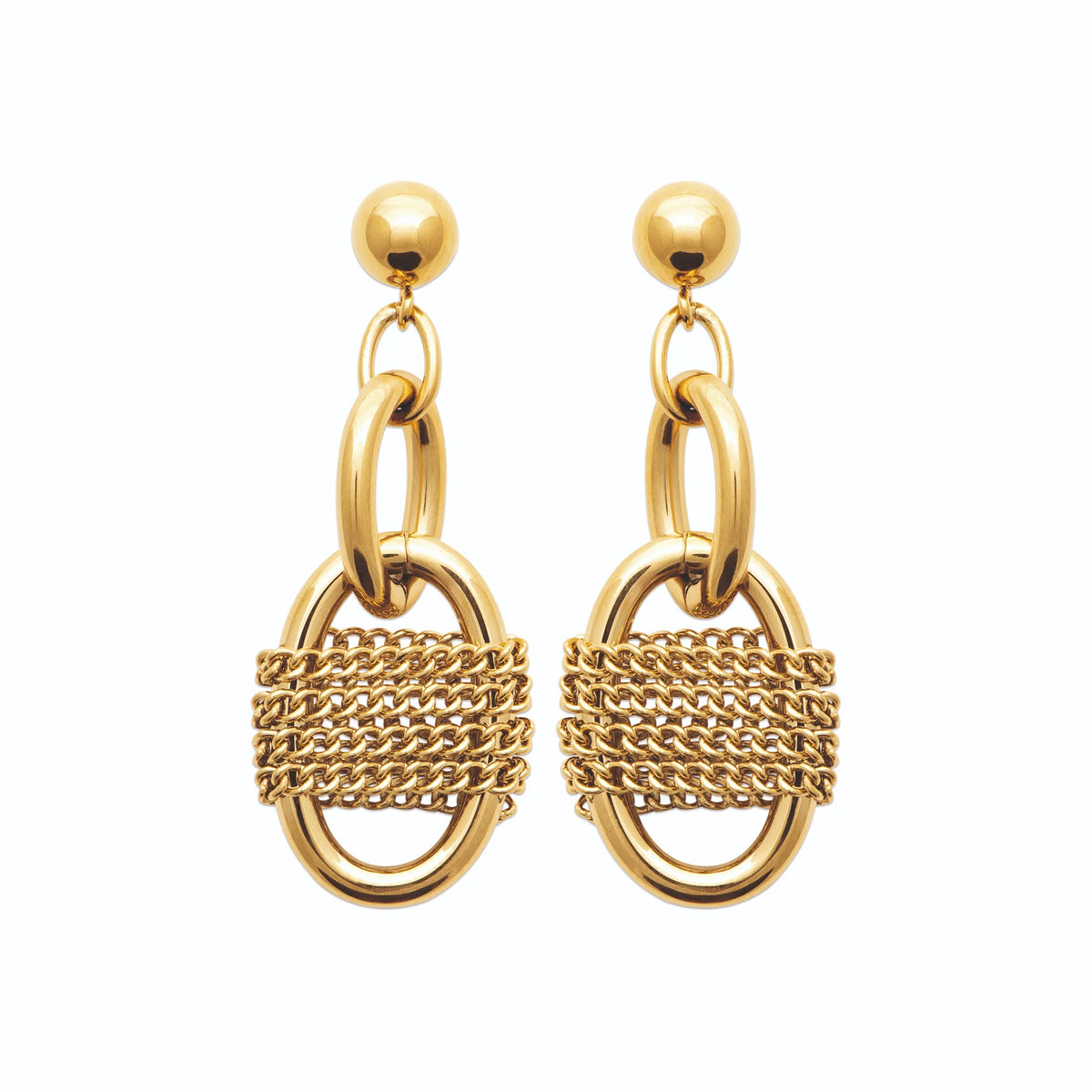 Boucles d’oreilles pendantes maillons et anneau tressé en acier PVD doré