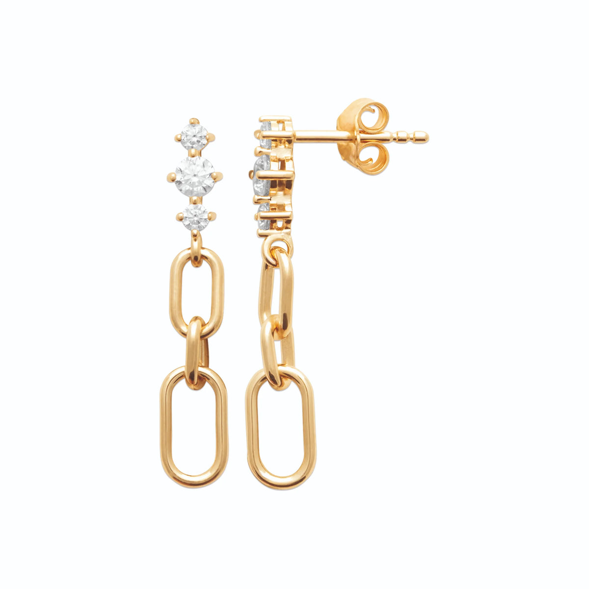 Boucles d’oreilles pendantes maillons et zircons en plaqué or