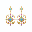 Boucles d’oreilles pendantes médaillon arabesque turquoise et rose en plaqué or