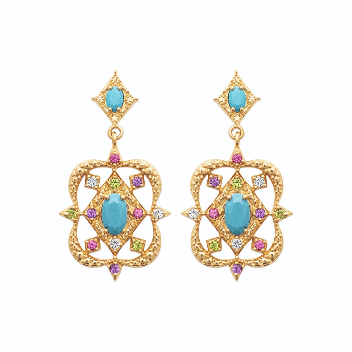 Boucles d’oreilles pendantes médaillon arabesque turquoise et rose en plaqué or