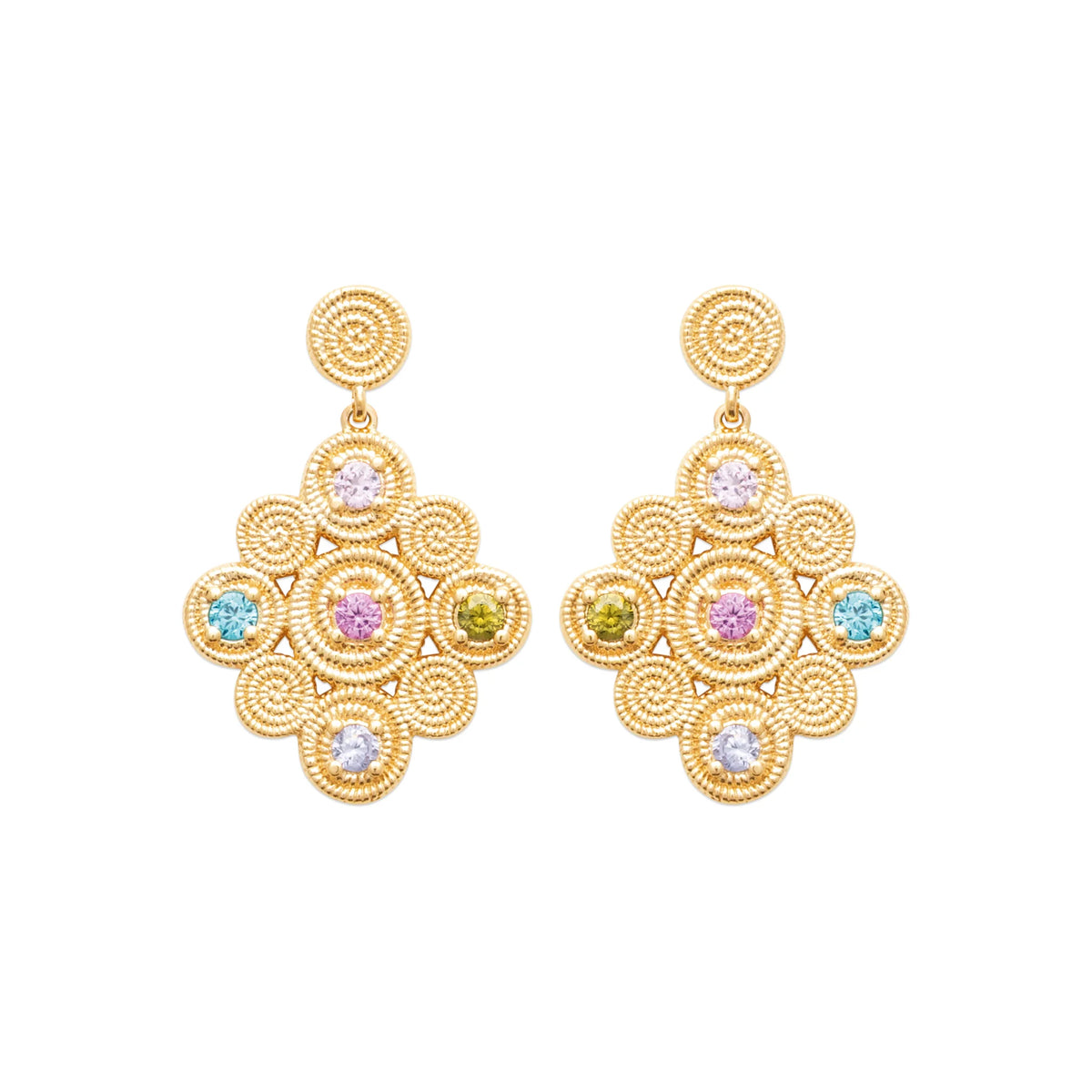 Boucles d’oreilles pendantes médaillon granité et pierres pastel en plaqué or