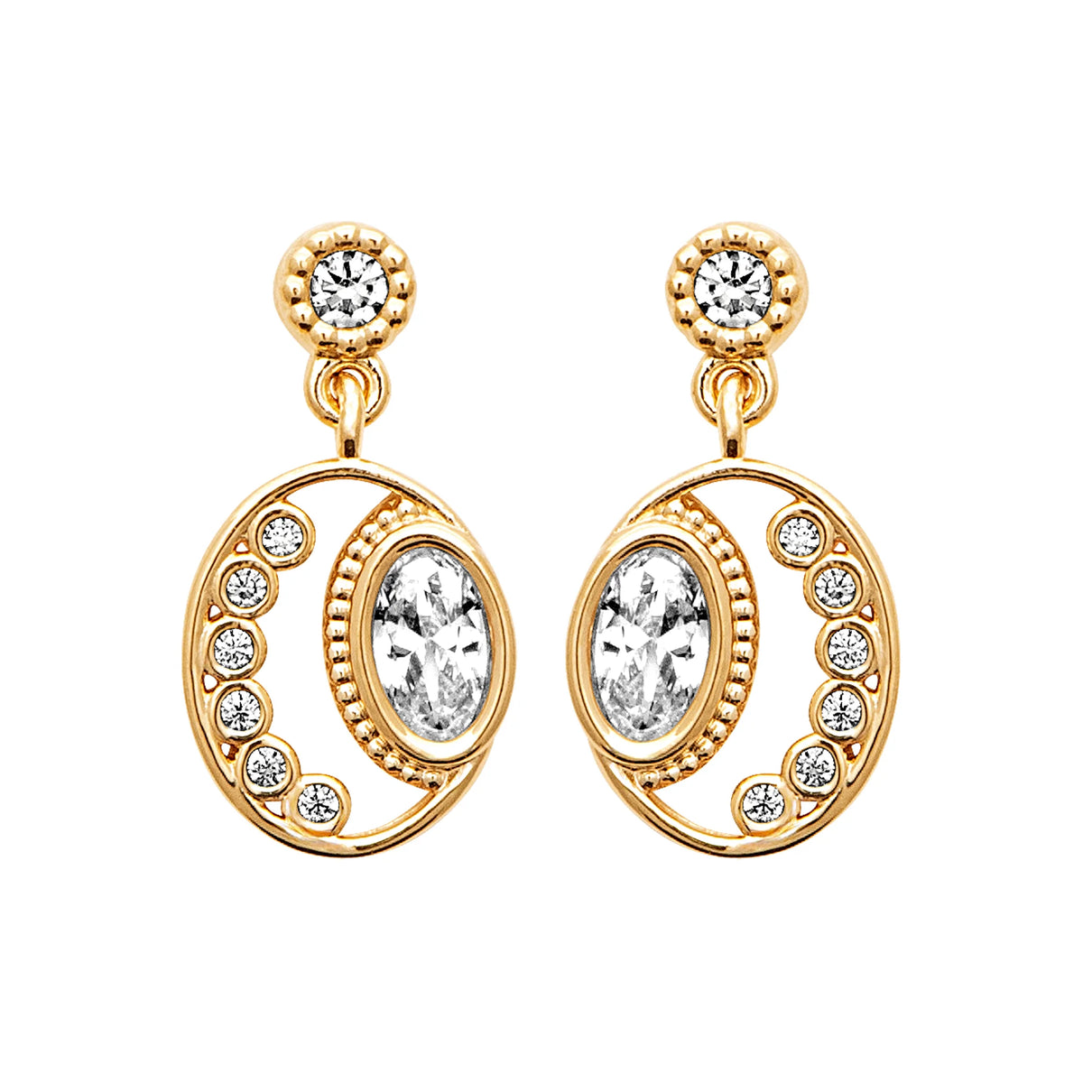 Boucles d’oreilles pendantes médaillon ovale ajouré et zircon en plaqué or