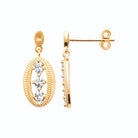 Boucles d’oreilles pendantes médaillon ovale perlé et zircons en plaqué or