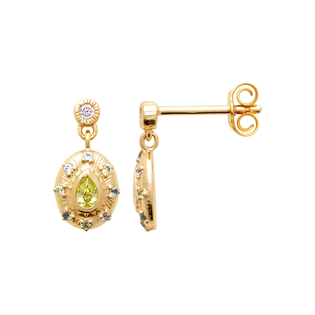 Boucles d’oreilles pendantes médaillon ovale et pierre verte en plaqué or