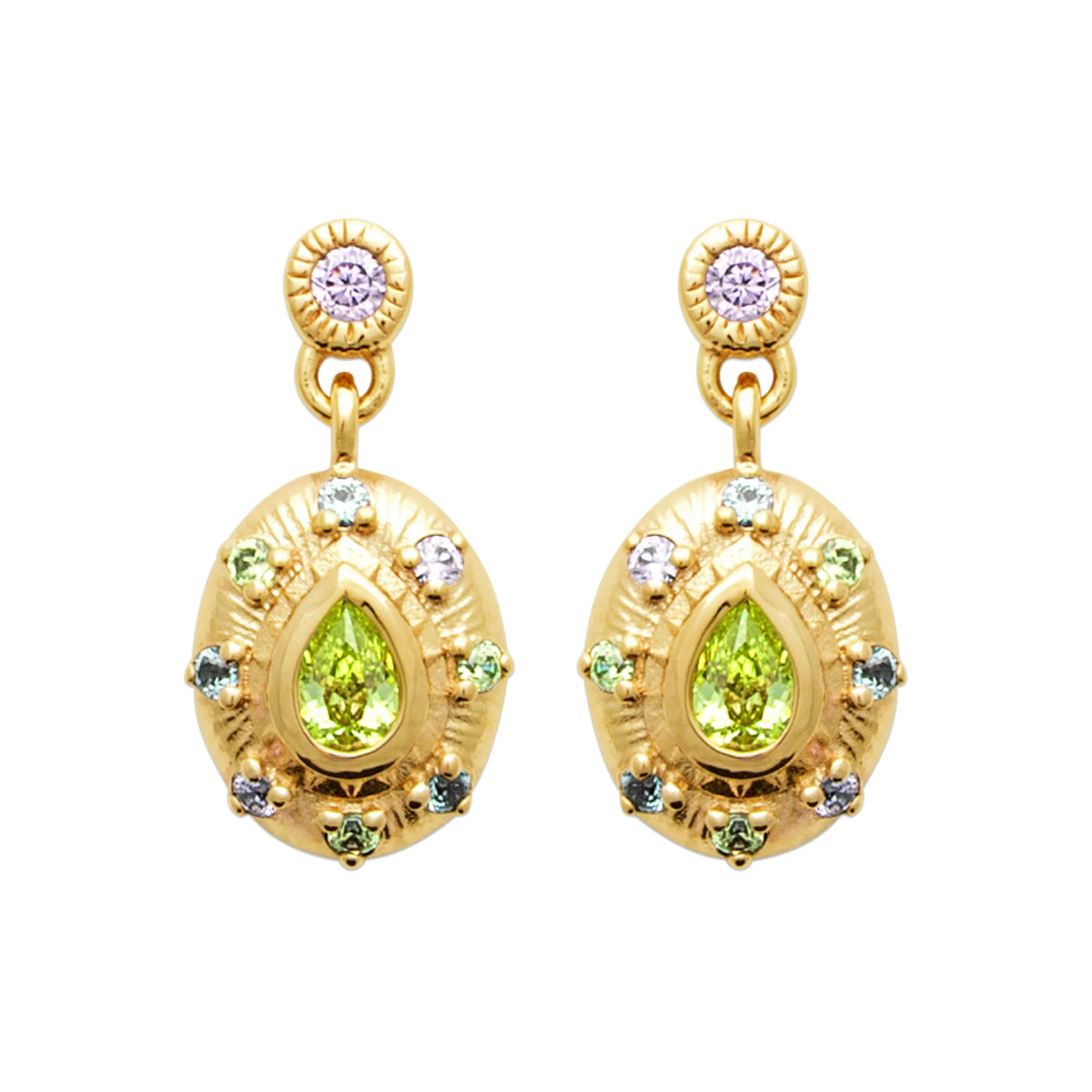 Boucles d’oreilles pendantes médaillon ovale et pierre verte en plaqué or