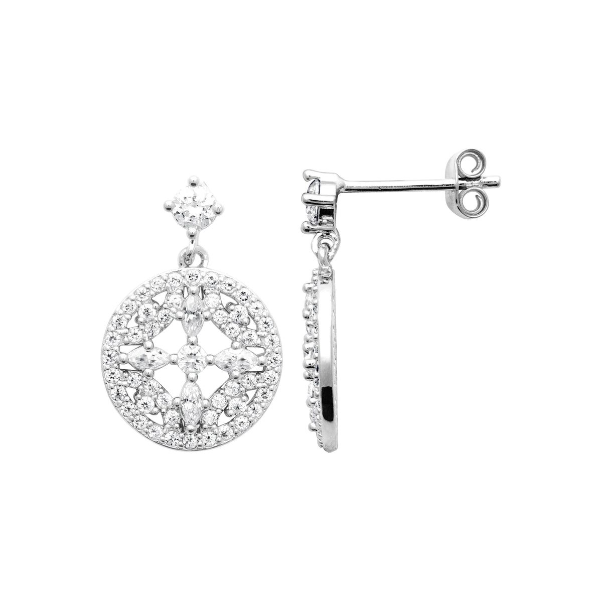 Boucles d’oreilles pendantes médaillon rond ajouré de zircons en argent 925 rhodié