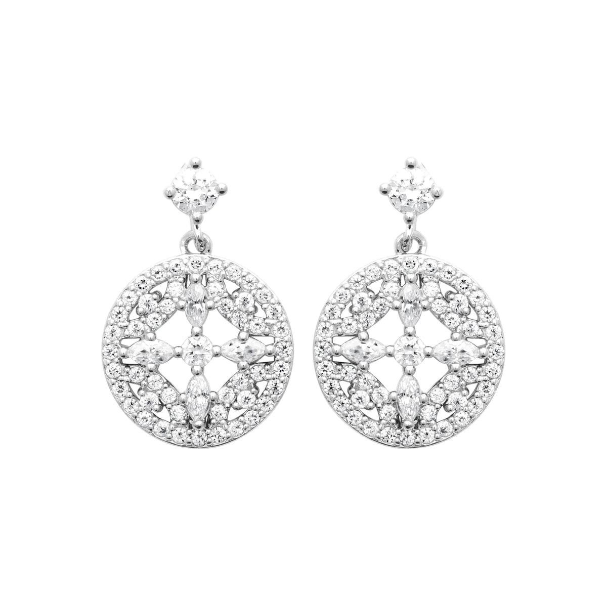 Boucles d’oreilles pendantes médaillon rond ajouré de zircons en argent 925 rhodié