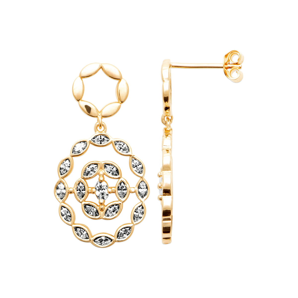 Boucles d’oreilles pendantes médaillon rosace et maillons en plaqué or