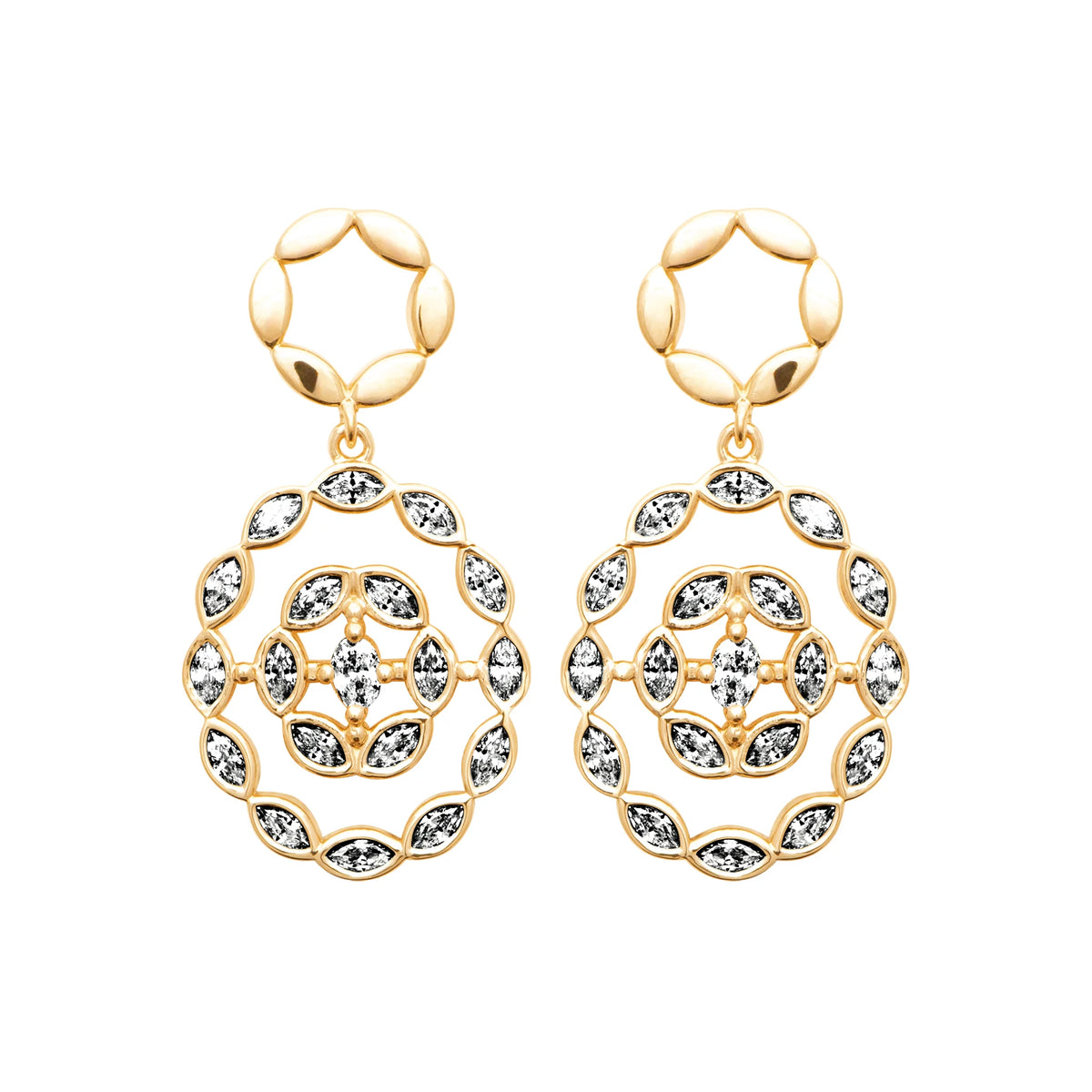 Boucles d’oreilles pendantes médaillon rosace et maillons en plaqué or