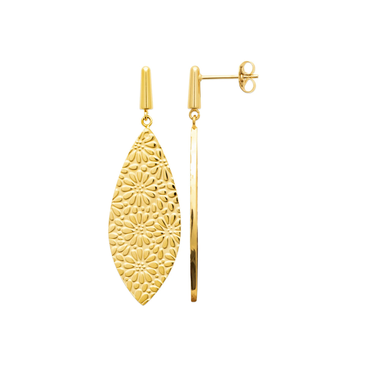 Boucles d’oreilles pendantes navette ciselée en dentelle en acier PVD doré