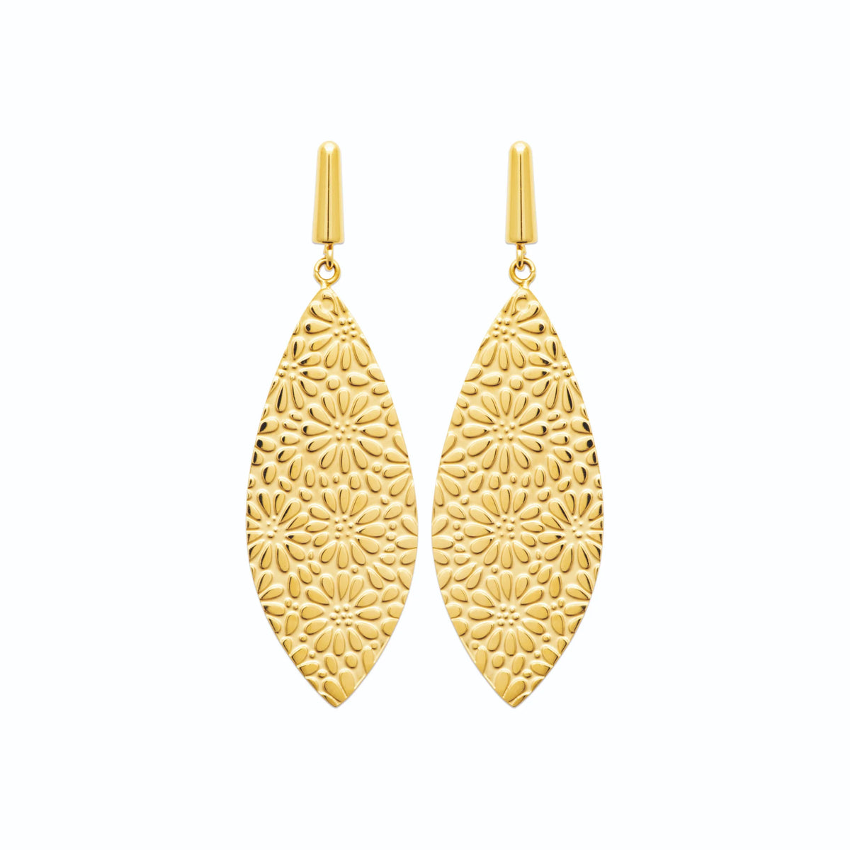 Boucles d’oreilles pendantes navette ciselée en dentelle en acier PVD doré
