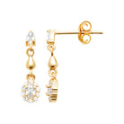 Boucles d’oreilles pendantes navette, goutte d’or et fleur de zircons en plaqué or