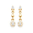 Boucles d’oreilles pendantes navette, goutte d’or et fleur de zircons en plaqué or