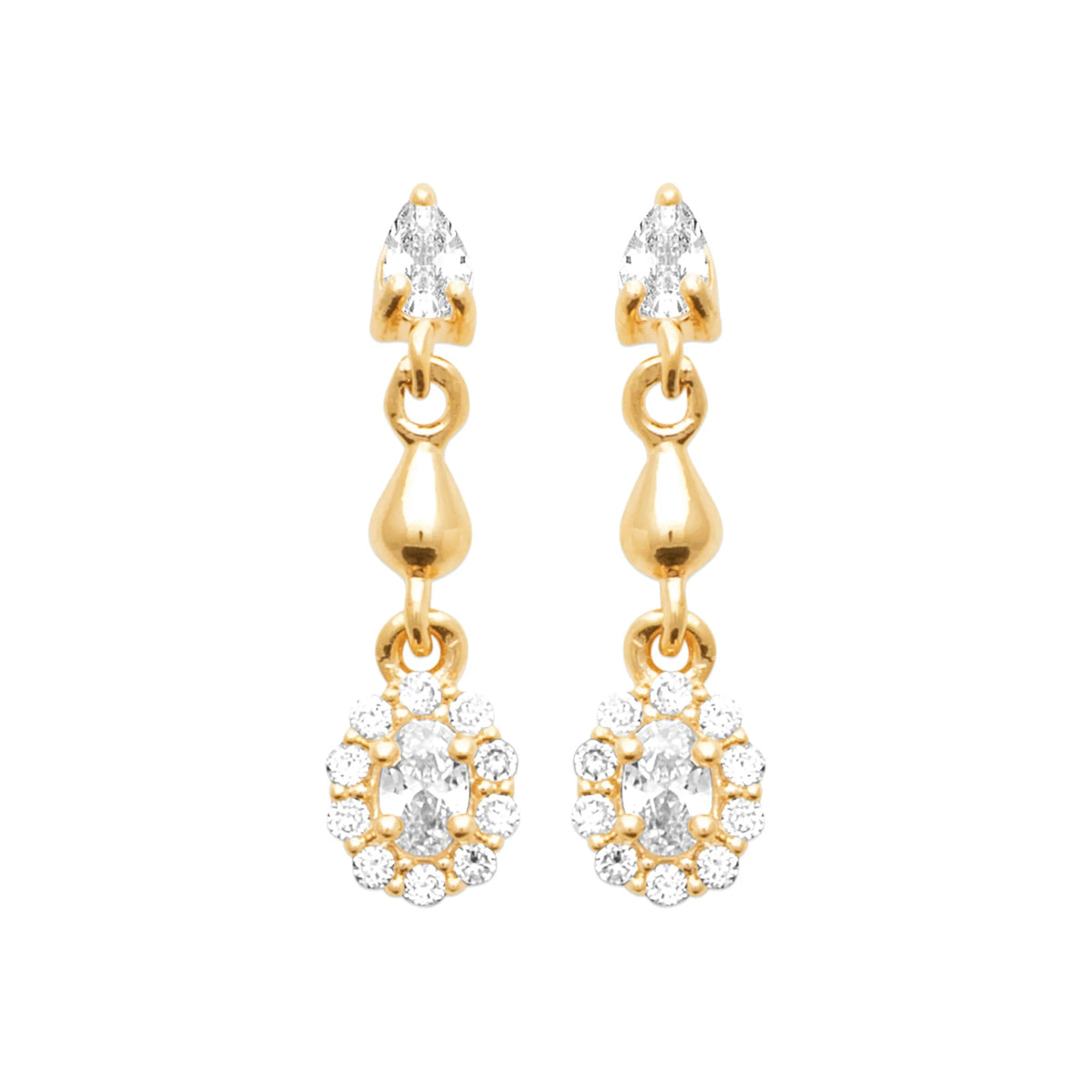 Boucles d’oreilles pendantes navette, goutte d’or et fleur de zircons en plaqué or