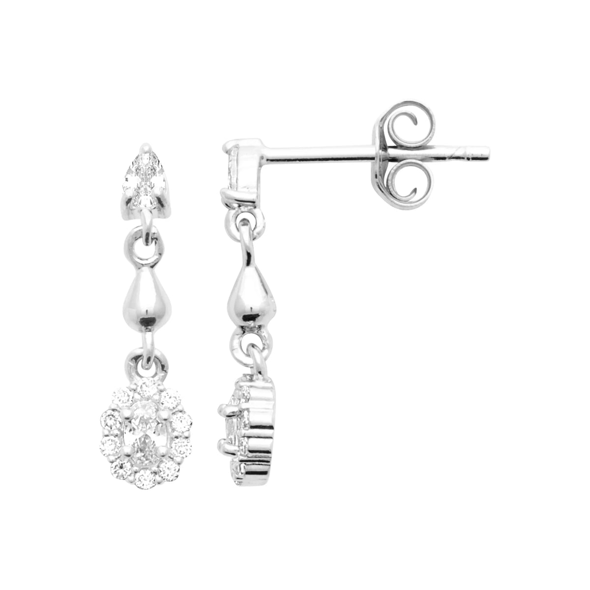 Boucles d’oreilles pendantes navette, goutte et fleur de zircons en argent 925 rhodié