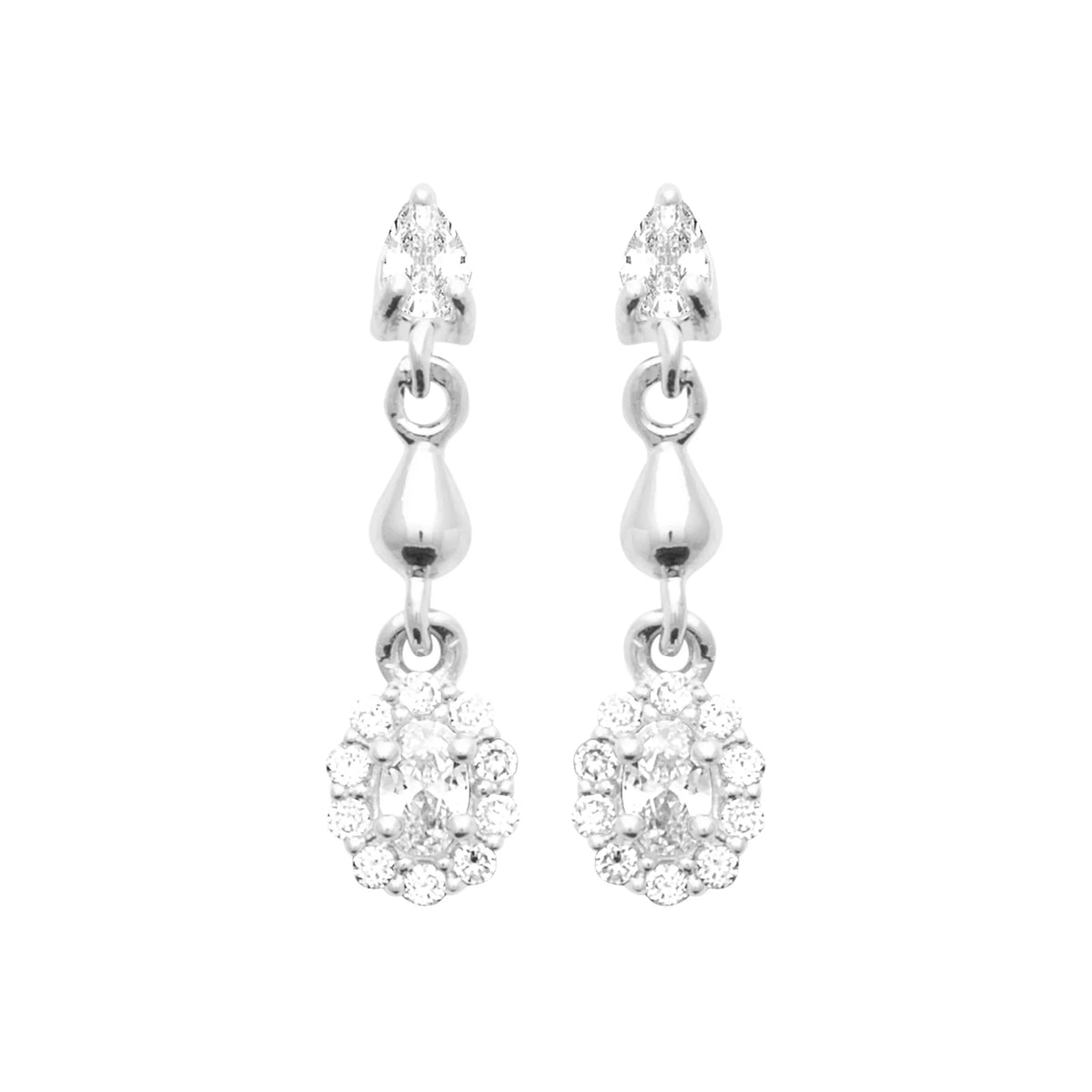 Boucles d’oreilles pendantes navette, goutte et fleur de zircons en argent 925 rhodié