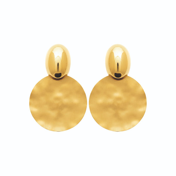 Boucles d’oreilles pendantes olive et disque martelé en acier PVD doré