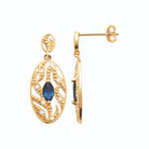 Boucles d’oreilles pendantes ovale feuillagé et pierre bleue en plaqué or