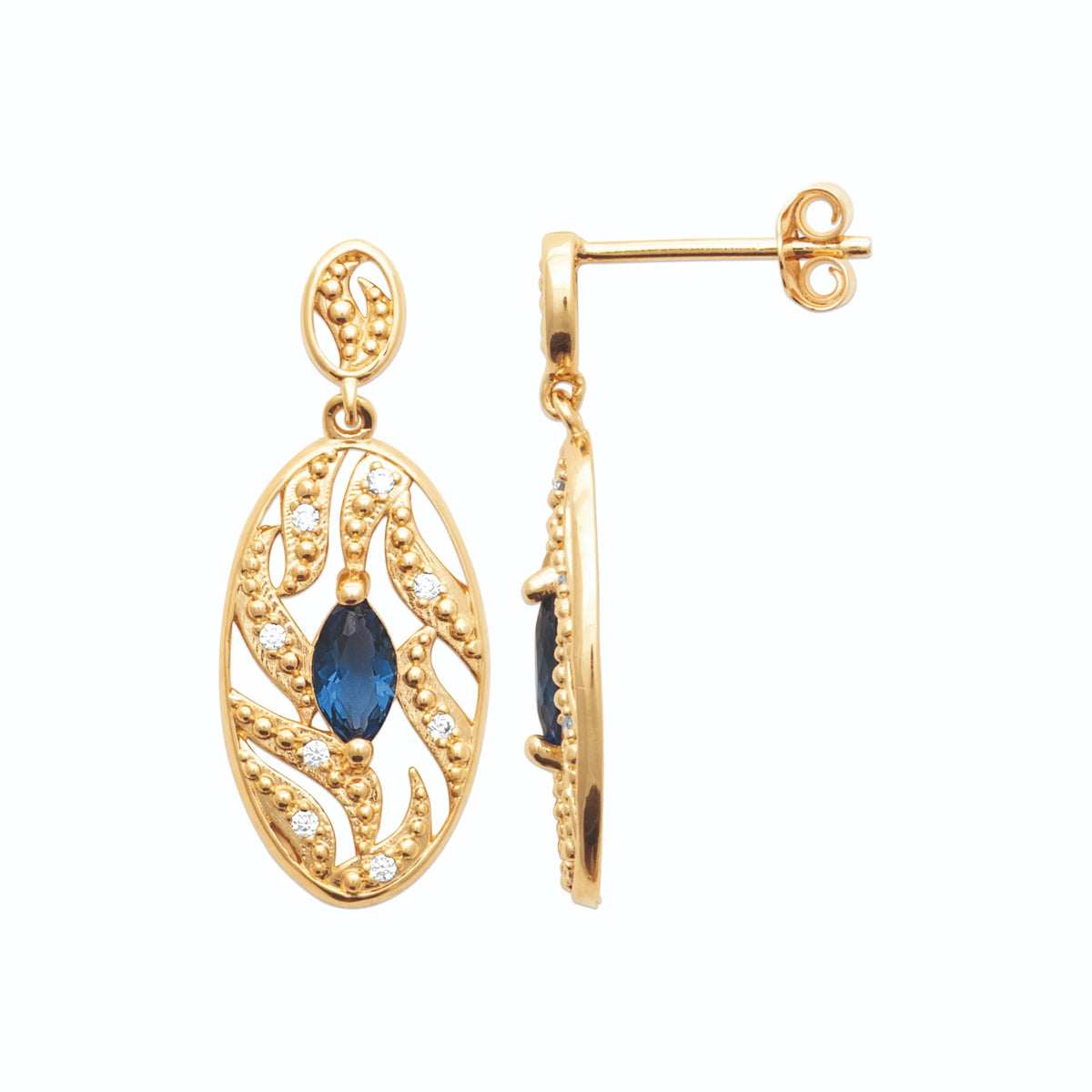 Boucles d’oreilles pendantes ovale feuillagé et pierre bleue en plaqué or