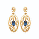 Boucles d’oreilles pendantes ovale feuillagé et pierre bleue en plaqué or