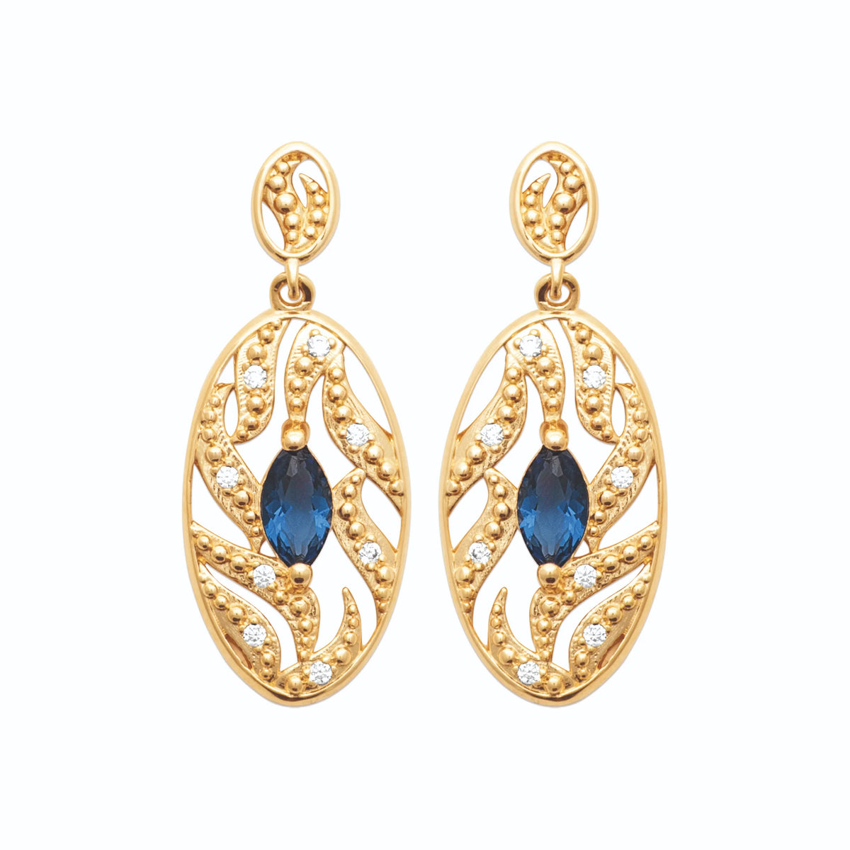 Boucles d’oreilles pendantes ovale feuillagé et pierre bleue en plaqué or