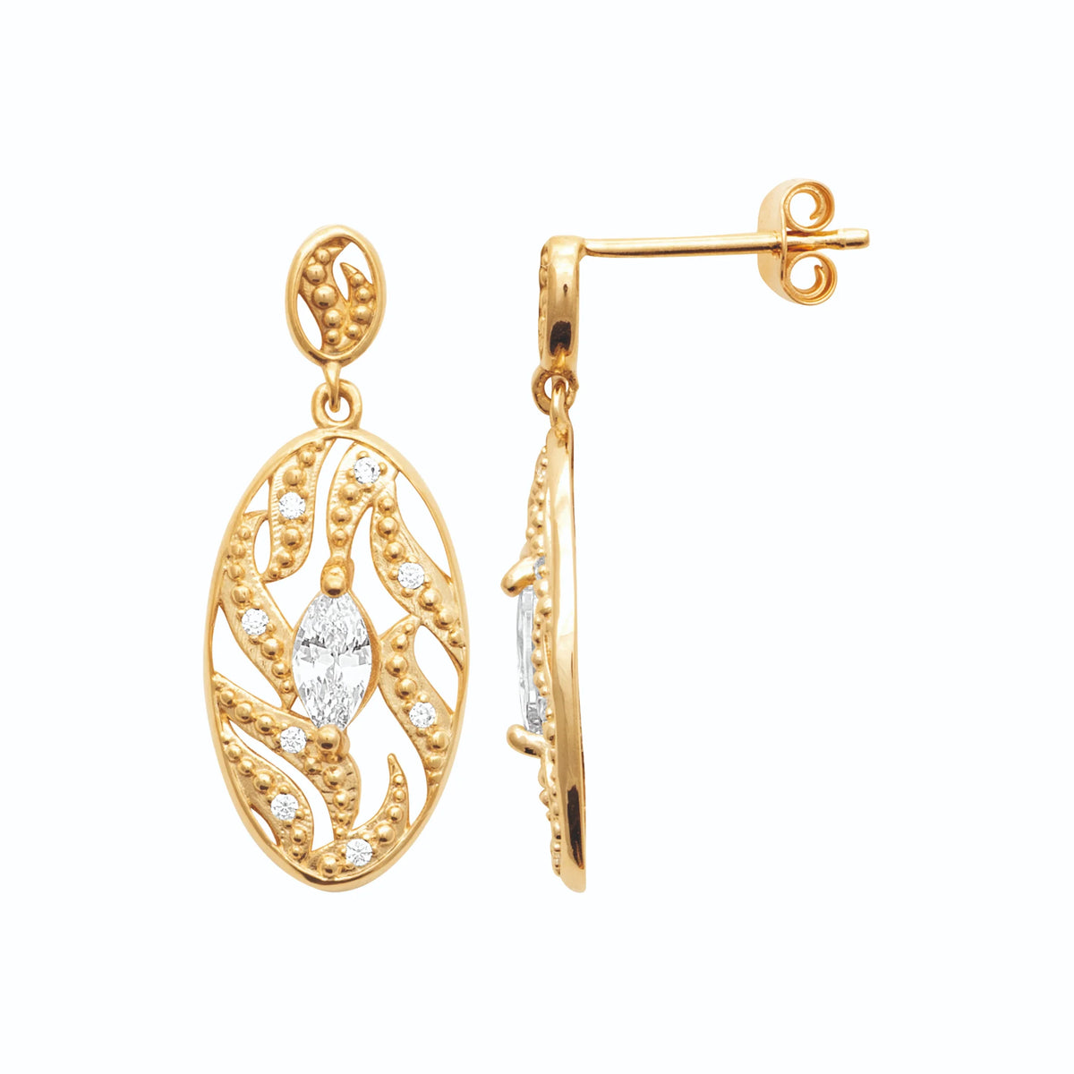 Boucles d’oreilles pendantes ovale feuillagé et zircon navette en plaqué or