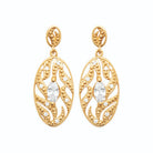 Boucles d’oreilles pendantes ovale feuillagé et zircon navette en plaqué or