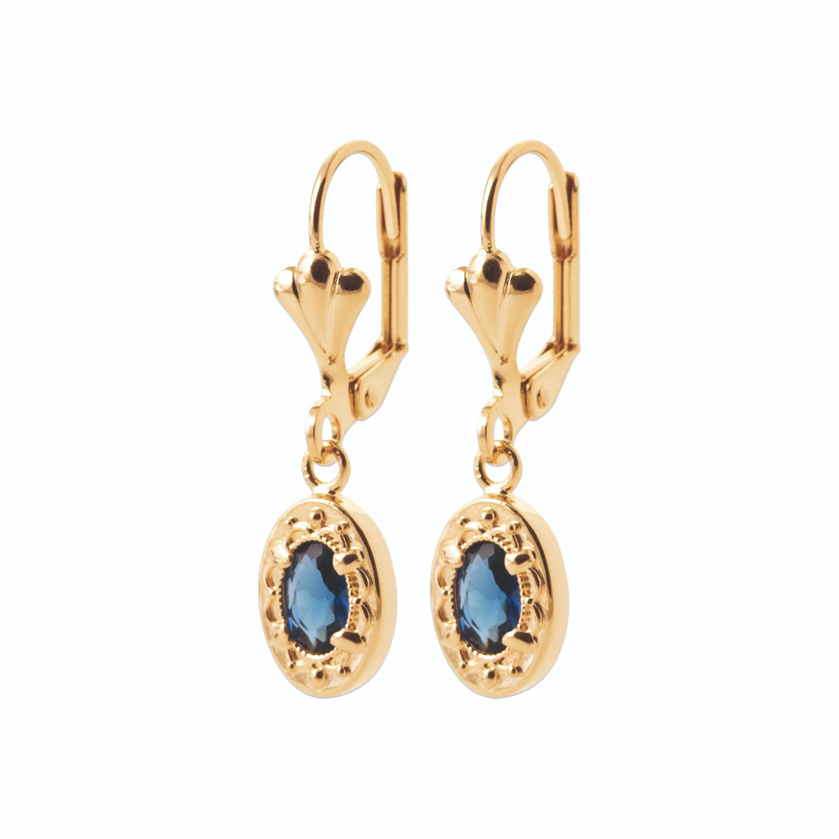 Boucles d’oreilles pendantes ovale perlé et pierre bleu nuit en plaqué or