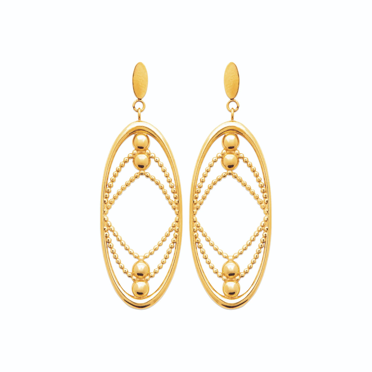 Boucles d’oreilles pendantes ovales emboîtés et billes en acier PVD doré