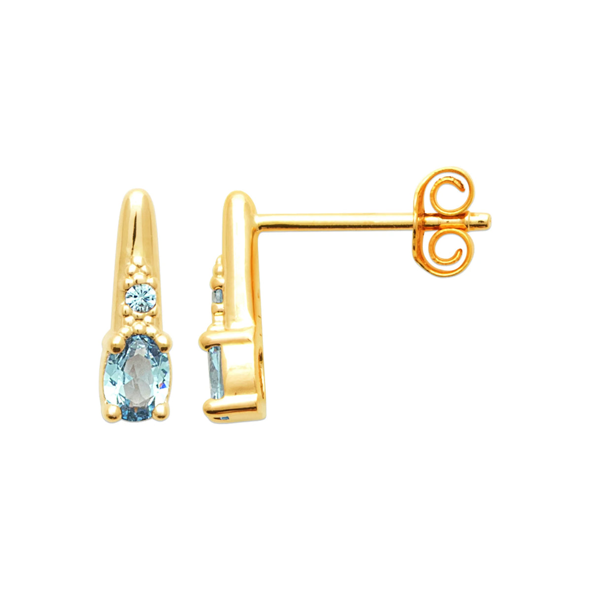 Boucles d’oreilles pendantes pierre ovale bleu ciel et zircon en plaqué or