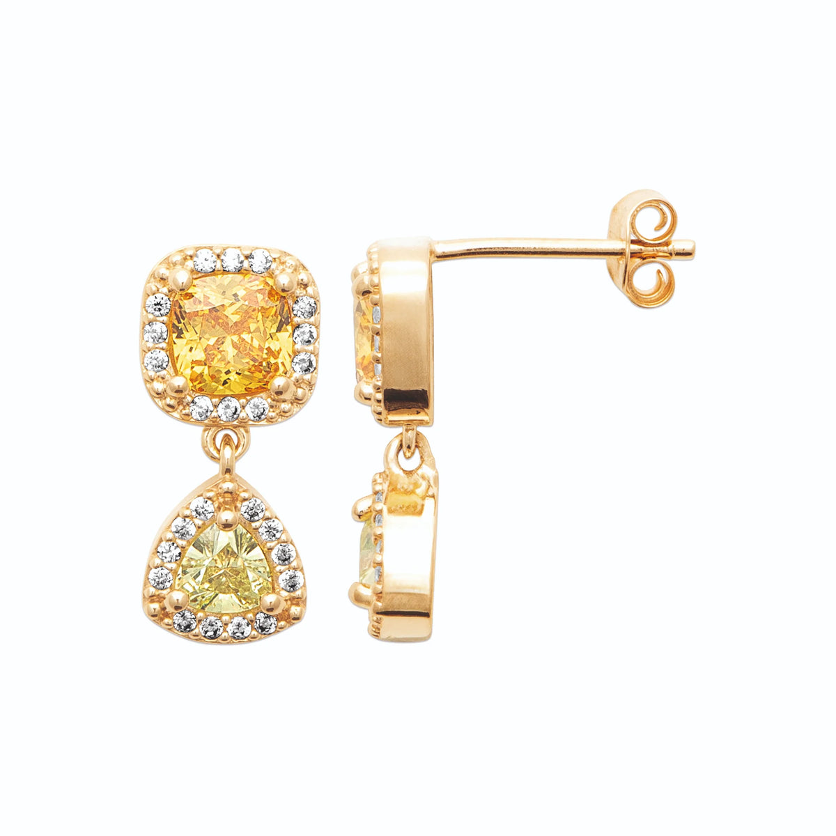 Boucles d’oreilles pendantes pierres jaunes coussin et trillion en plaqué or