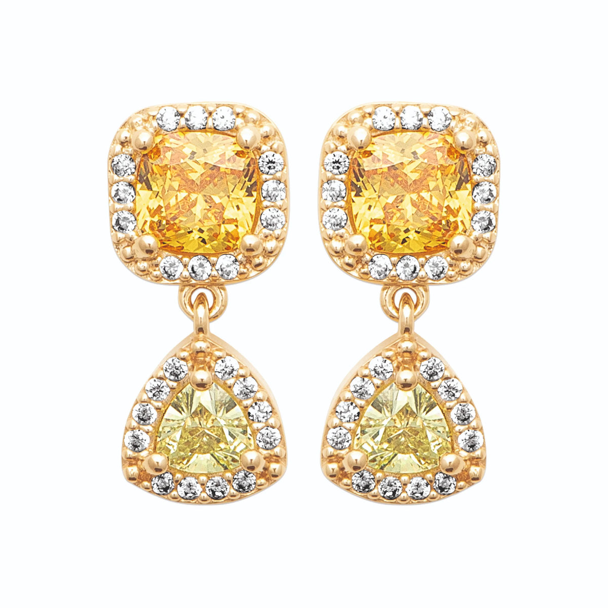 Boucles d’oreilles pendantes pierres jaunes coussin et trillion en plaqué or