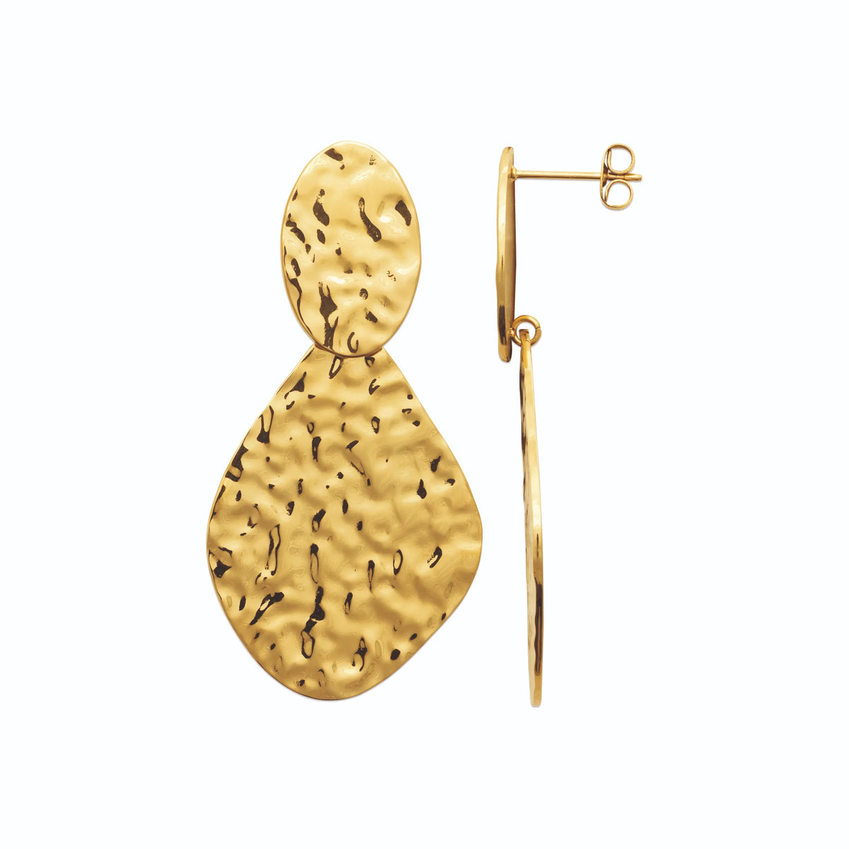 Boucles d’oreilles pendantes plaques martelées en goutte en acier PVD doré