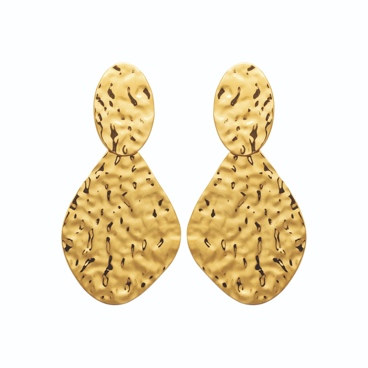 Boucles d’oreilles pendantes plaques martelées en goutte en acier PVD doré