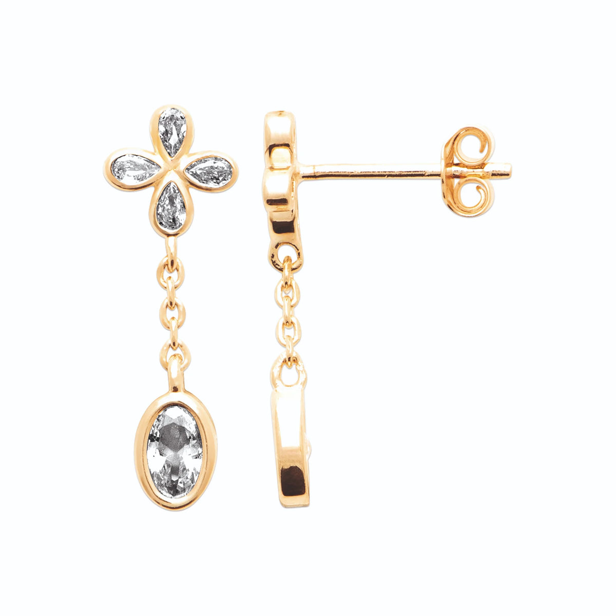 Boucles d’oreilles pendantes quatre navettes et zircon ovale en plaqué or