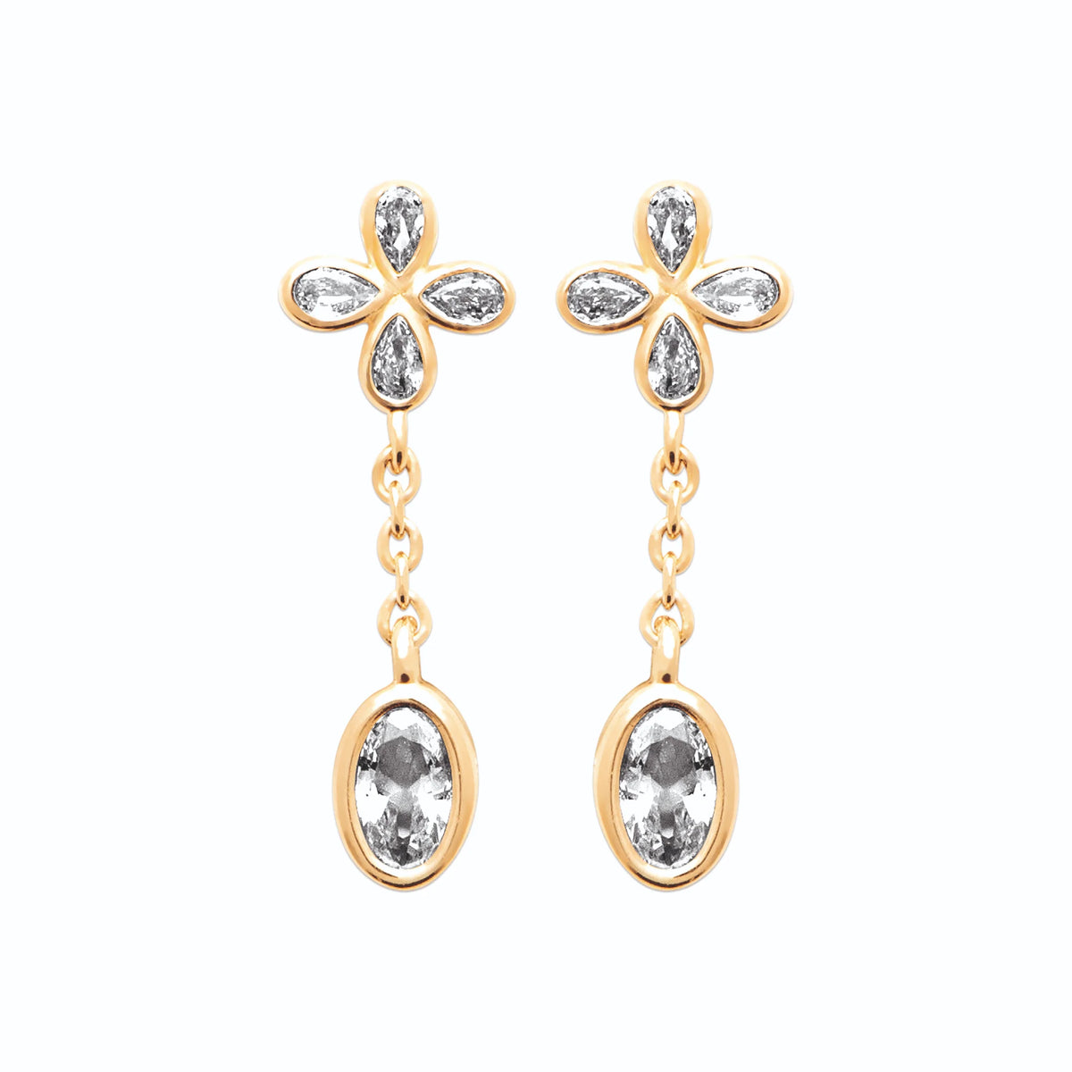 Boucles d’oreilles pendantes quatre navettes et zircon ovale en plaqué or