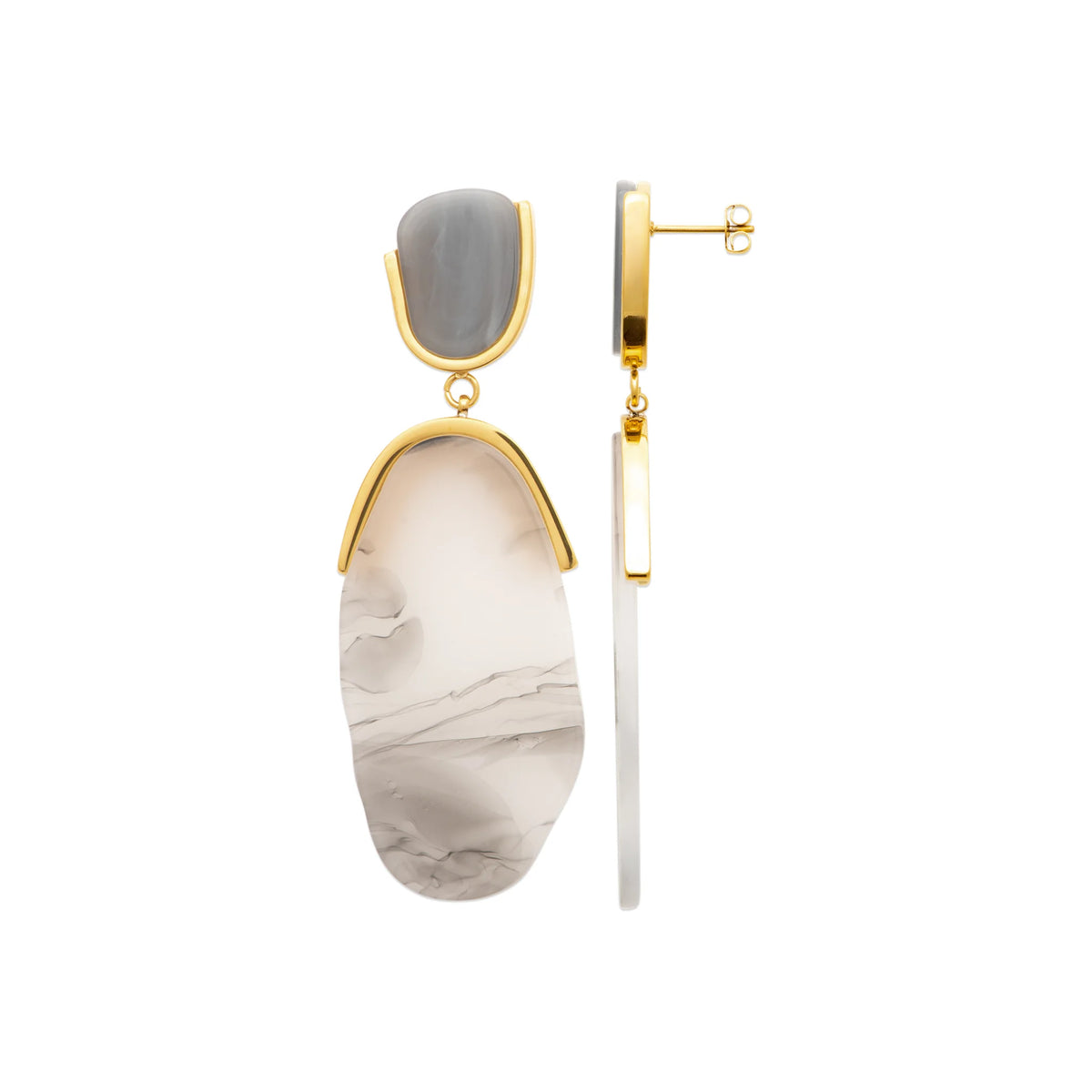 Boucles d’oreilles pendantes résine marbrée grise en acier PVD doré
