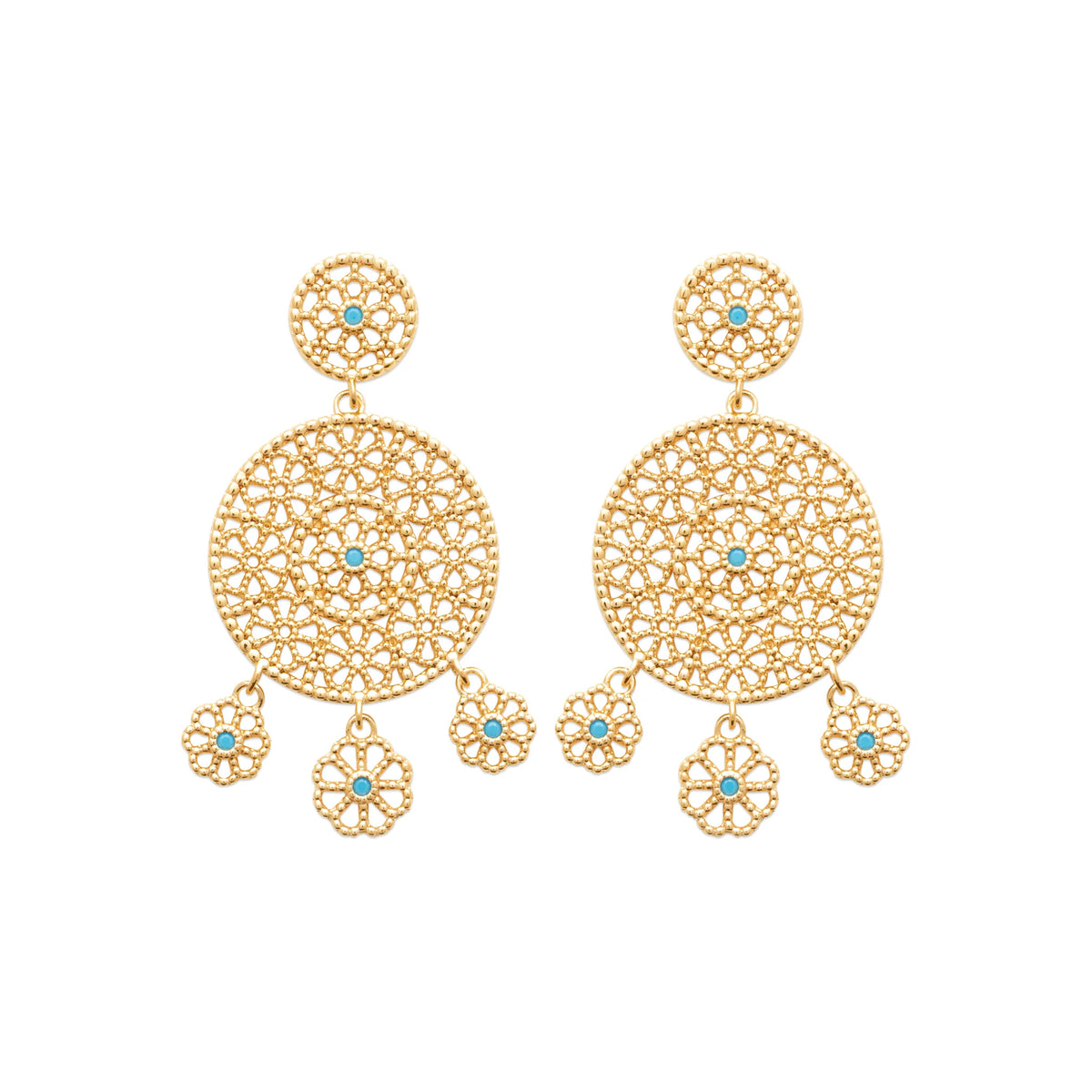 Boucles d’oreilles pendantes rosace filigranée et pampilles fleurs en plaqué or