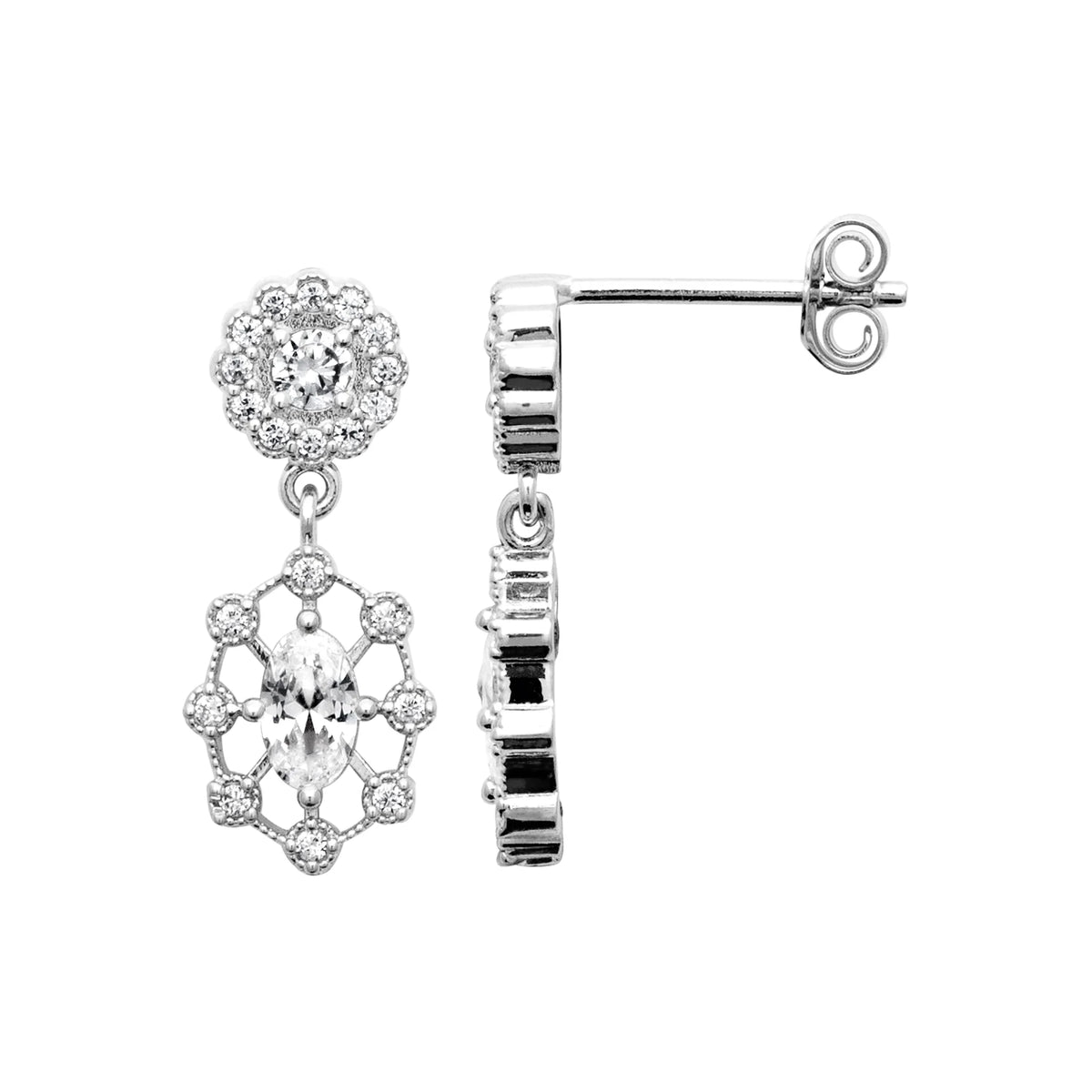 Boucles d’oreilles pendantes rosace et médaillon ajouré de zircons en argent 925 rhodié