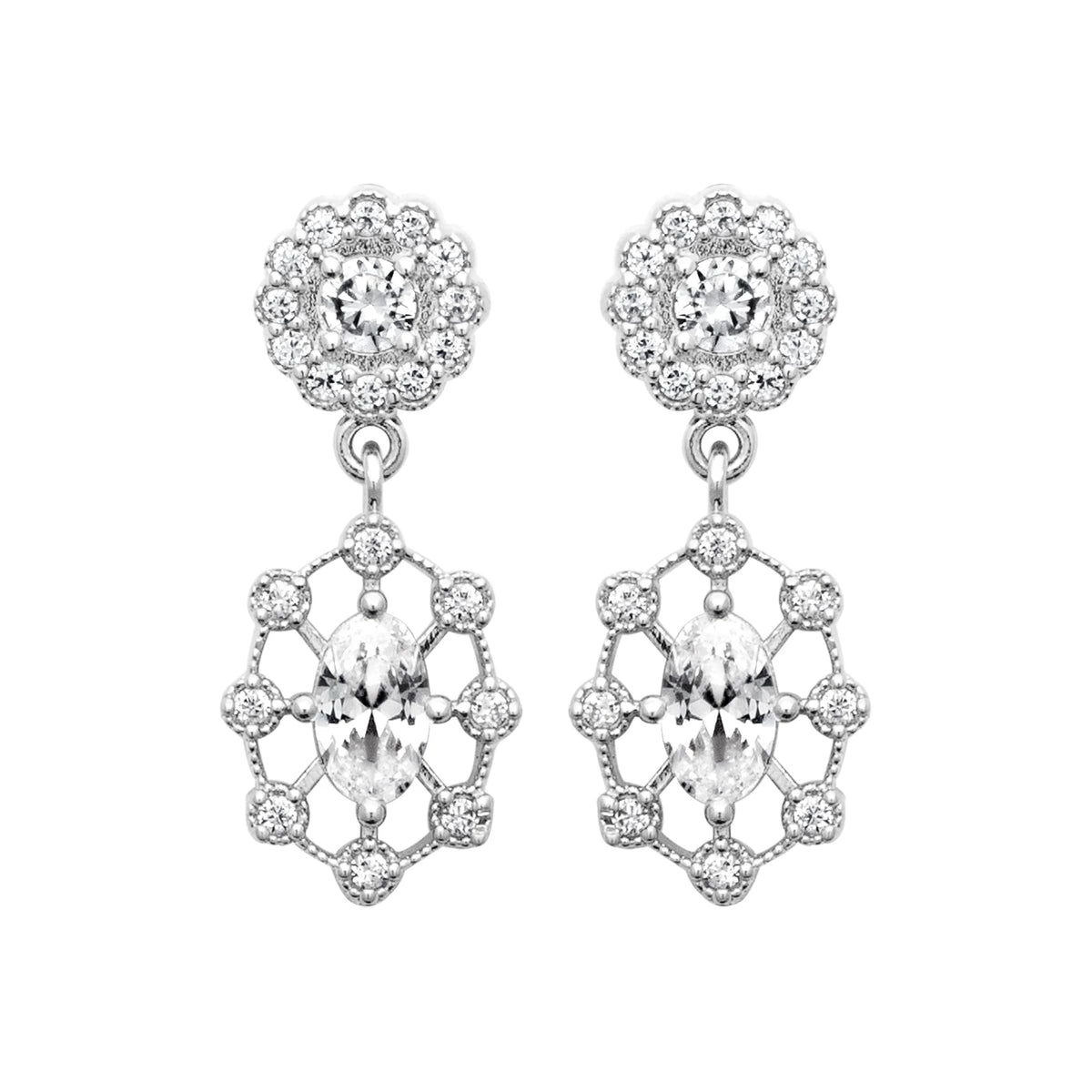 Boucles d’oreilles pendantes rosace et médaillon ajouré de zircons en argent 925 rhodié