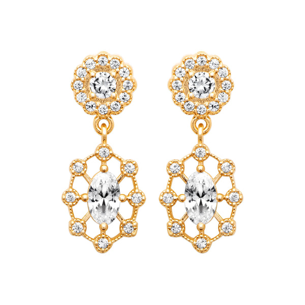 Boucles d’oreilles pendantes rosace et médaillon ajouré de zircons en plaqué or