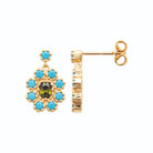 Boucles d’oreilles pendantes rosace turquoise et pierre verte en plaqué or