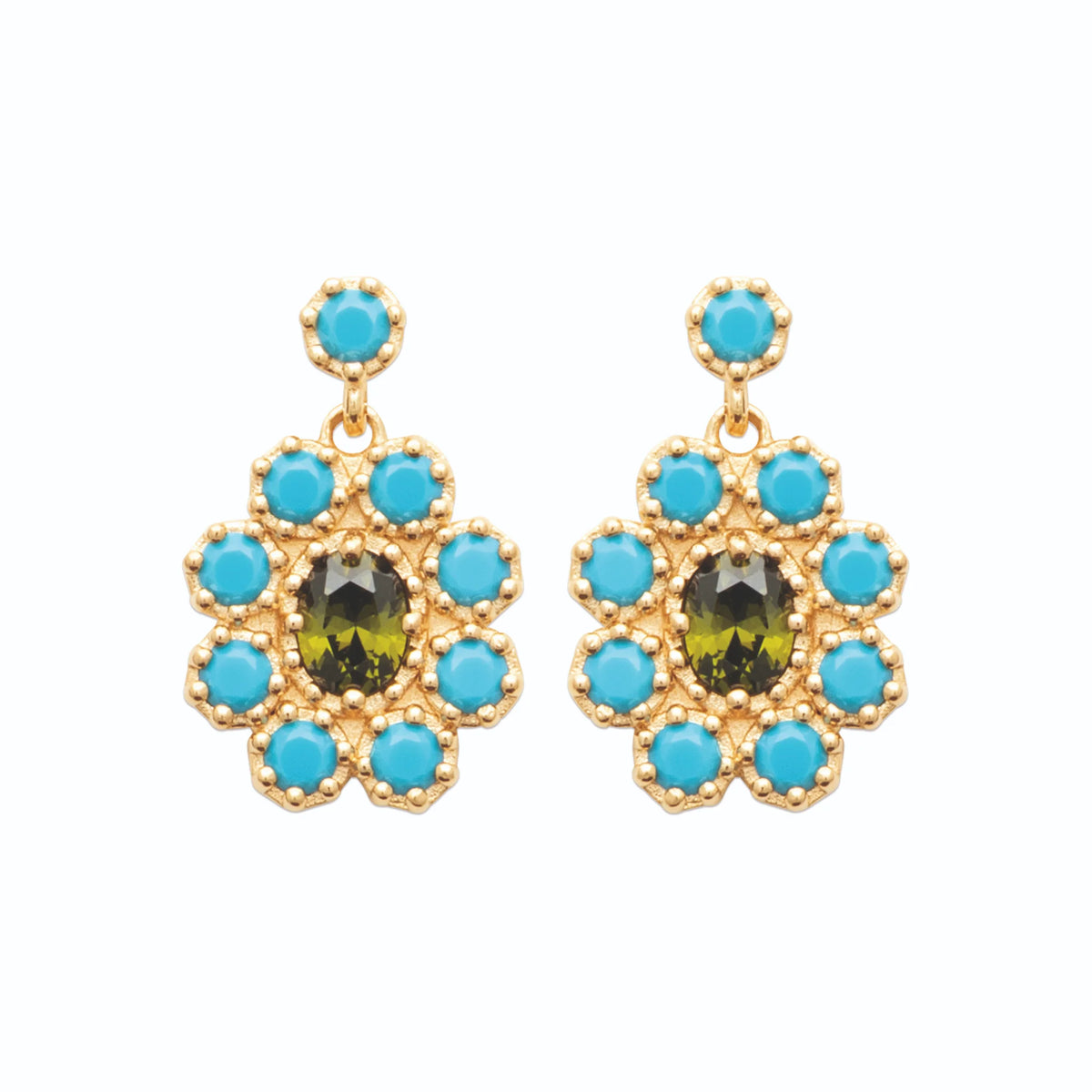 Boucles d’oreilles pendantes rosace turquoise et pierre verte en plaqué or