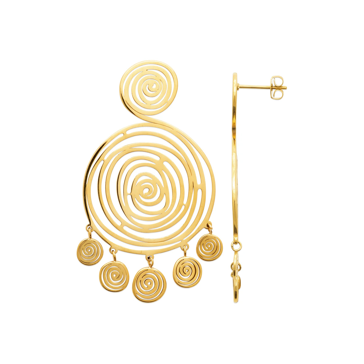 Boucles d’oreilles pendantes spirale et pampilles en acier PVD doré